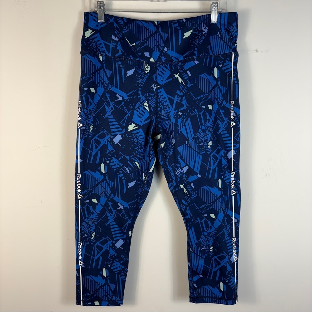 ❤️Reebok Women's Blue Black Abstract Geometric Print High-Rise Capri Leggings